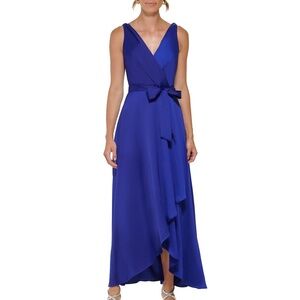 Satin V-Neck Belted Faux-Wrap Gown